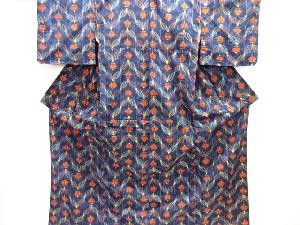 未使用品　縞に遠州椿抽象模様織出し手織り紬着物